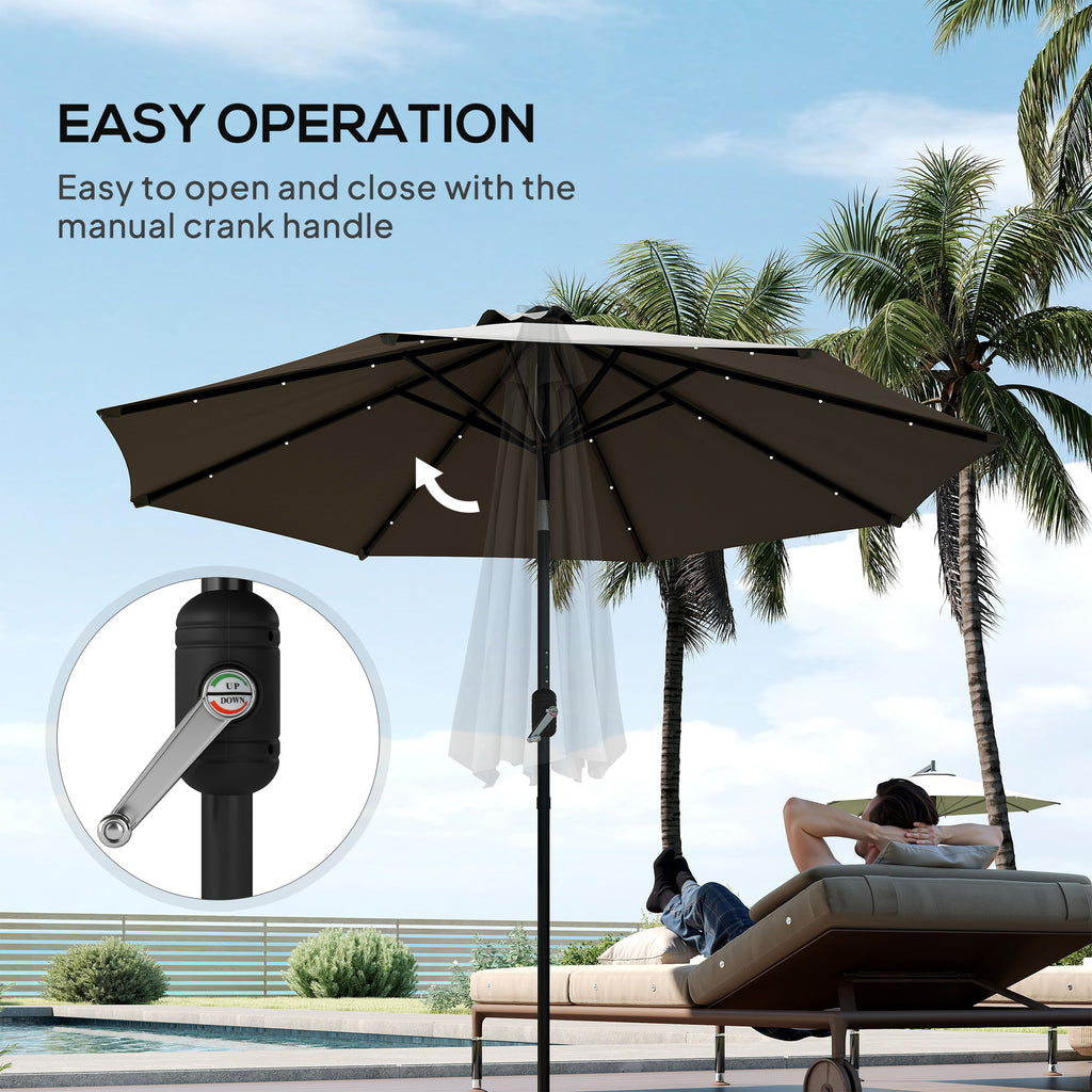 8.8 ft Solar Powered Outdoor Patio Umbrella Round Market Table Umbrella with Adjustable LED Lights Tilt Crank Dark Grey