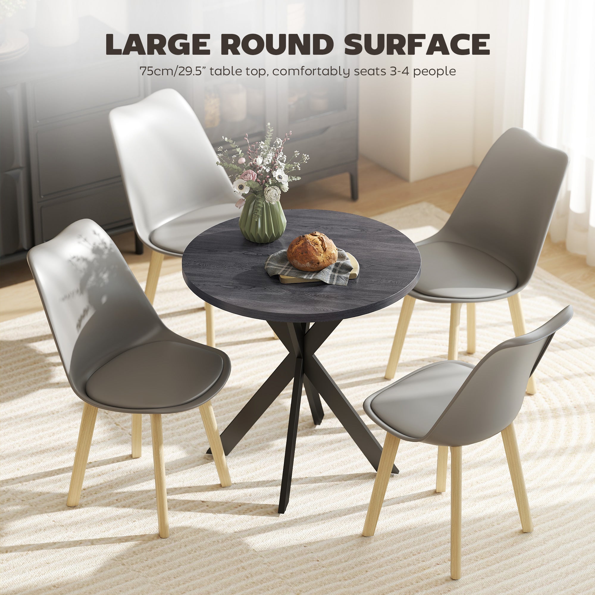 29" Dining Table, Contemporary Round Kitchen Table with Steel Legs, Black