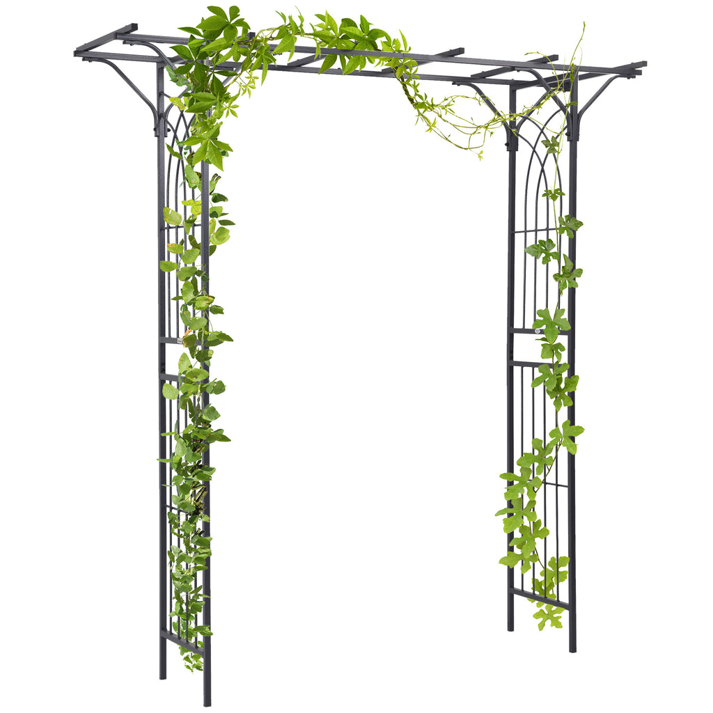 Metal Garden Arch Outdoor Walkway Arbor, 74.75" x 19.75" x 82.75", Dark Grey