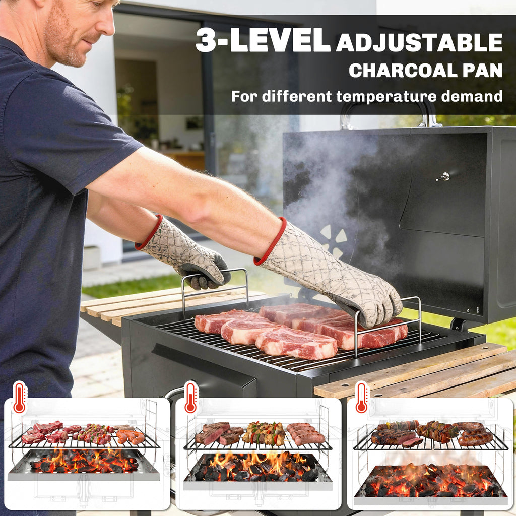 20" Charcoal BBQ Grill Barbecue on Wheels with Adjustable Charcoal Pan, Spacious Cooking Area, 3 Shelves, Thermometer