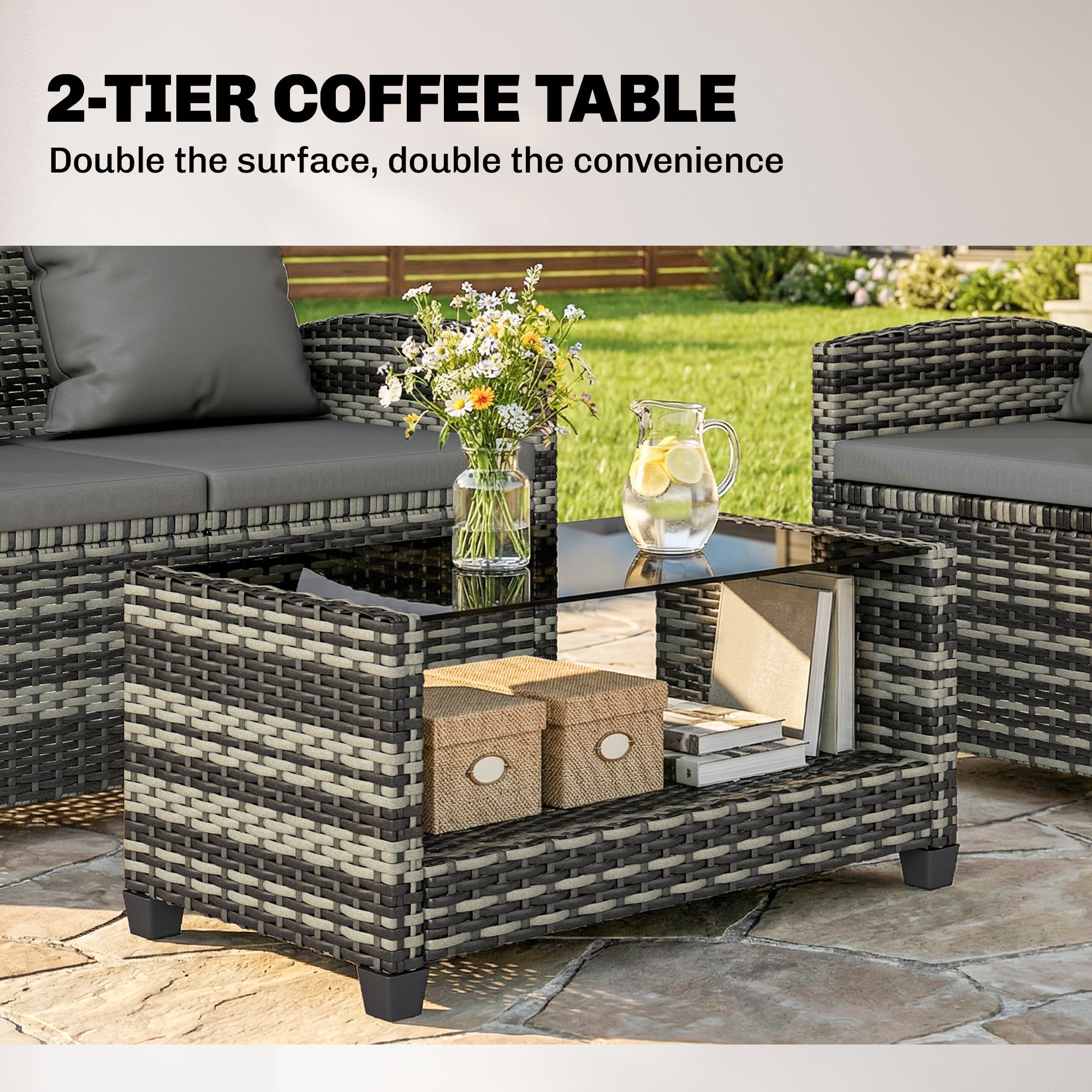 4-Piece Outdoor Wicker Patio Furniture Conversation Set, Includes Loveseat, Chairs and 2-Tier Table with Cushions, Modern Rattan Sofa Set for Backyard, Dark Grey