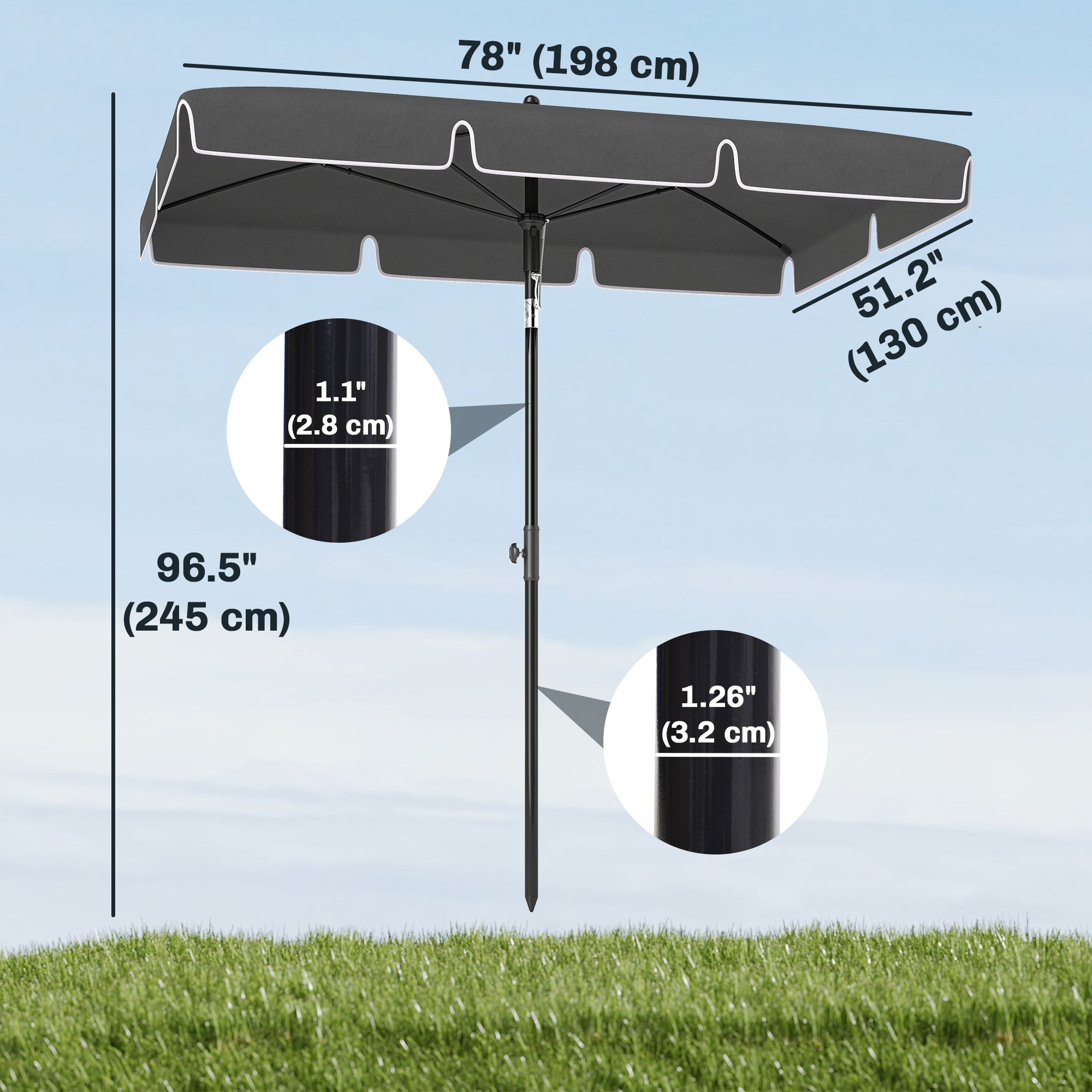 6.5x4ft Rectangle Patio Umbrella Aluminum Tilt Adjustable Garden Parasol Sun Shade Outdoor Canopy Grey