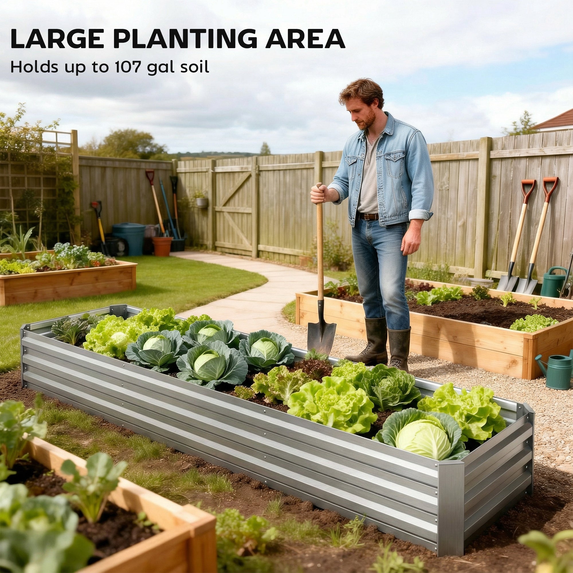 8' x 2' x 1' Galvanized Raised Bed, Large Elevated Planter Box for Growing Flowers, Herbs and Vegetables, Silver