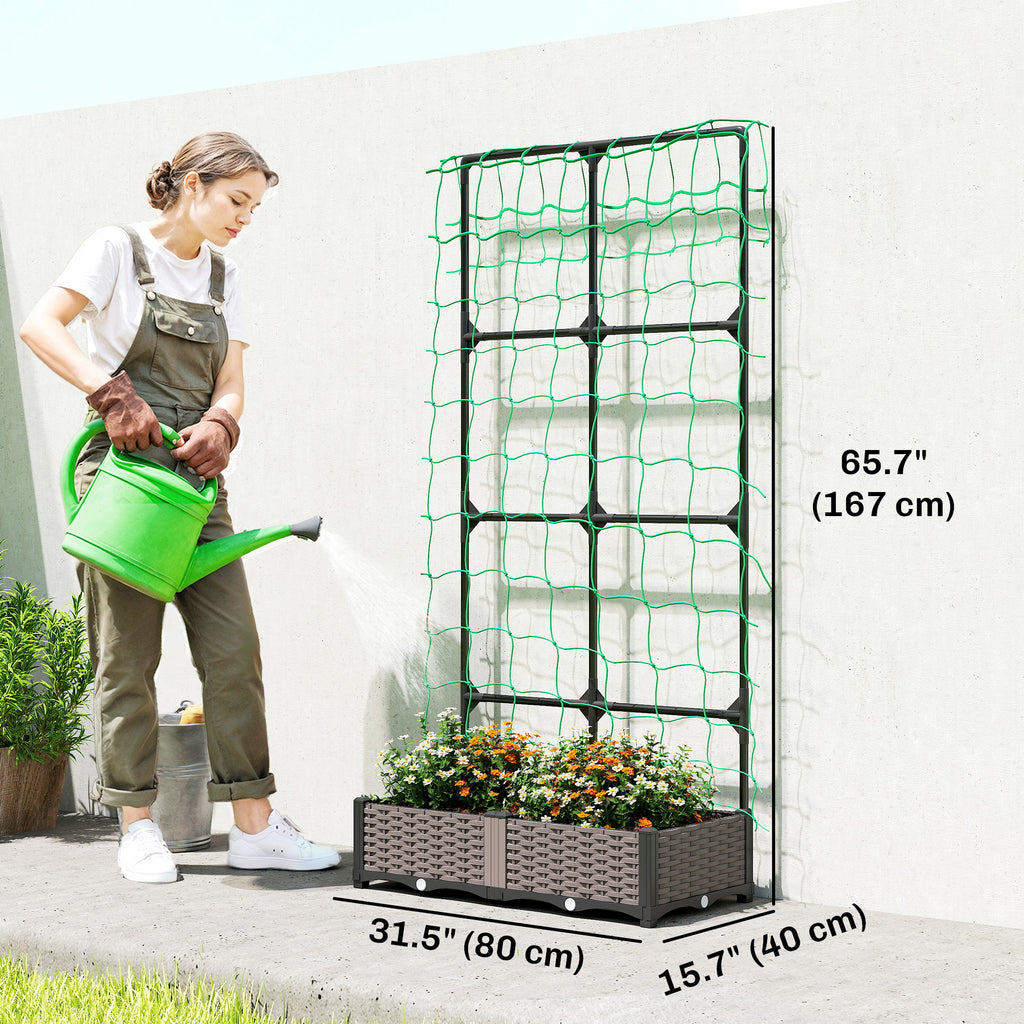 2PCS Plastic Planter Box with Trellis, Self-Watering Raised Garden Bed with Trellis and Netting