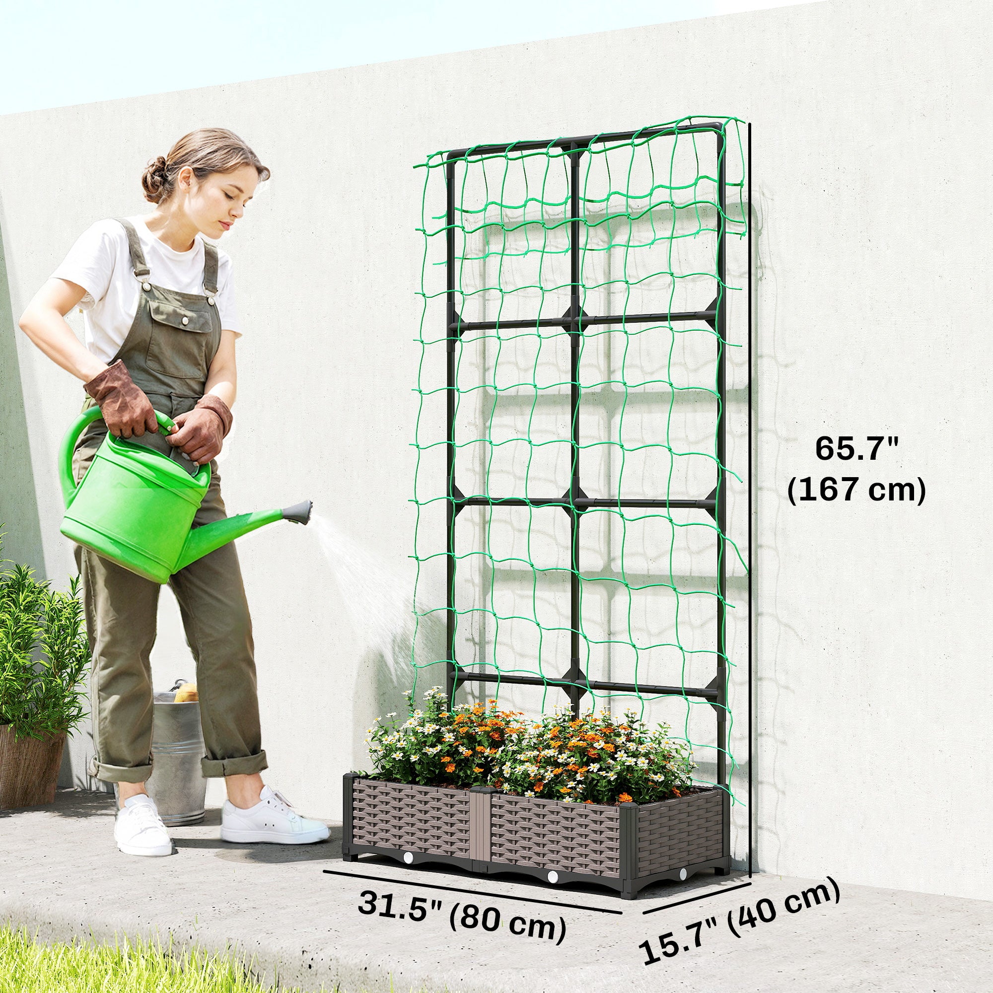 2PCS Plastic Planter Box with Trellis, Self-Watering Raised Garden Bed with Trellis and Netting