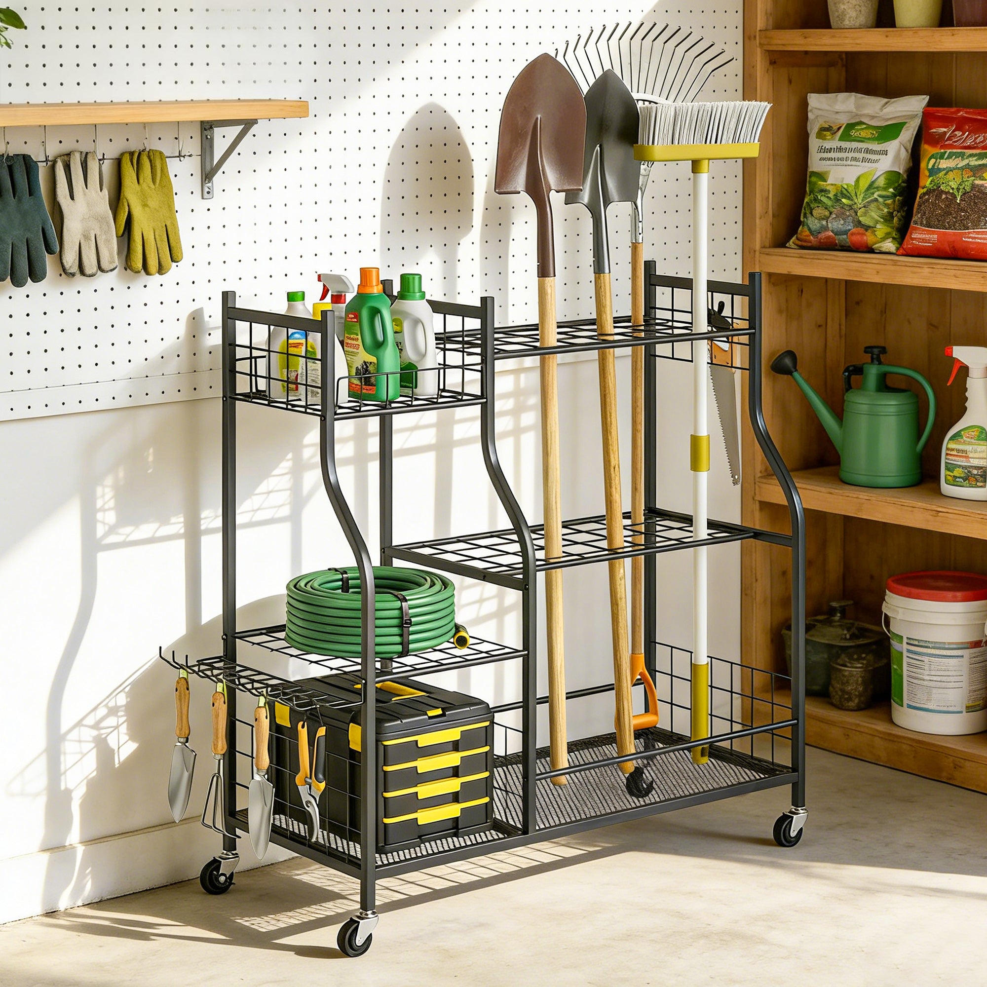 Garden Tool Organizer for Garage, 3-Tier Yard Tool Storage Rack with 32 Slots, 4 Wheels and 11 Hooks