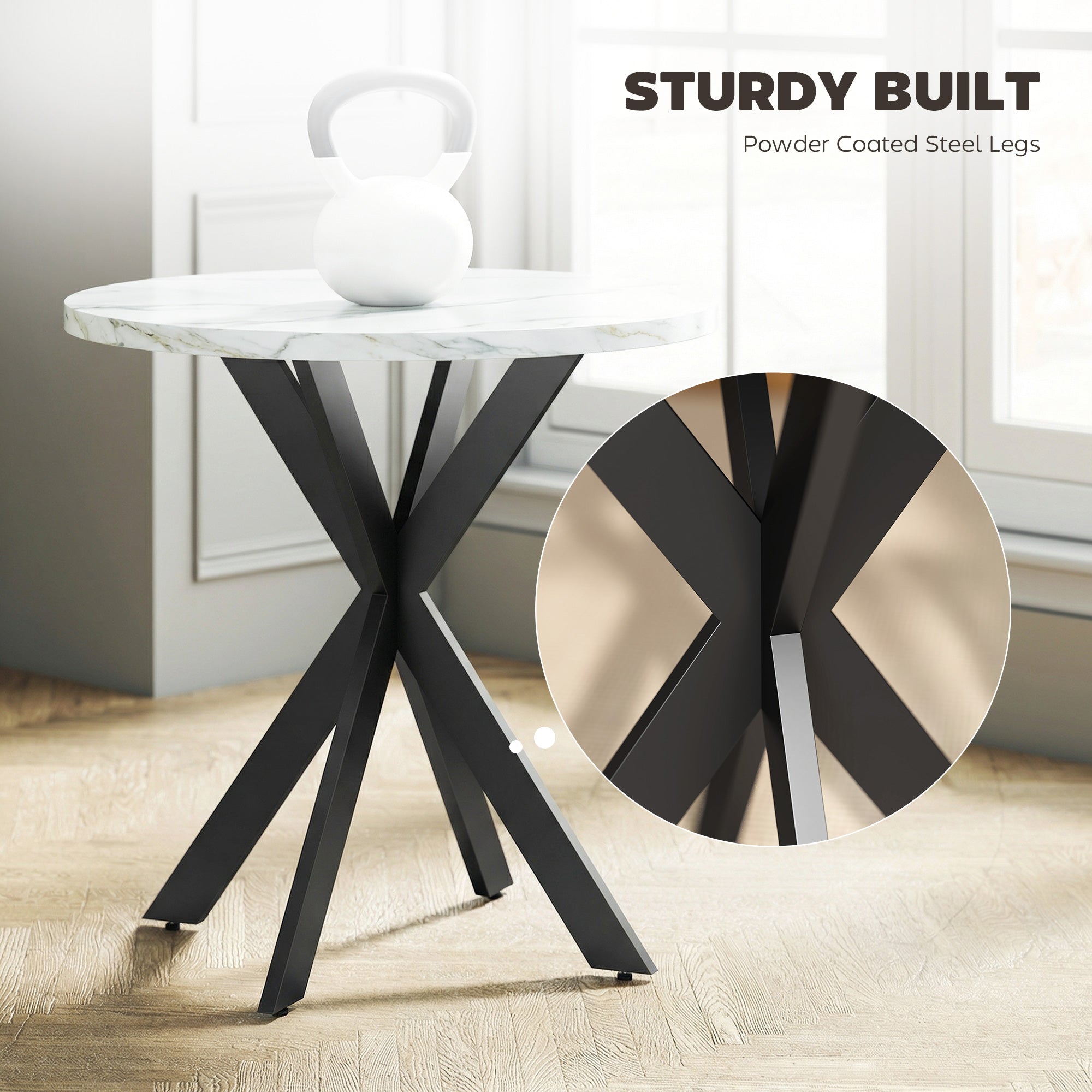 29" Dining Table, Contemporary Round Kitchen Table with Steel Legs, White Marble-Effect