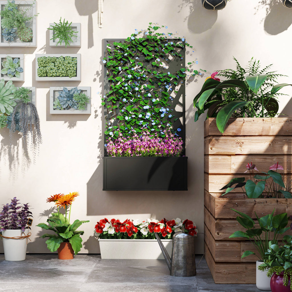 Raised Garden Bed with Trellis, Freestanding/Wall Mounted Metal Garden Box with Privacy Panel, Irregular Line Cut-Outs