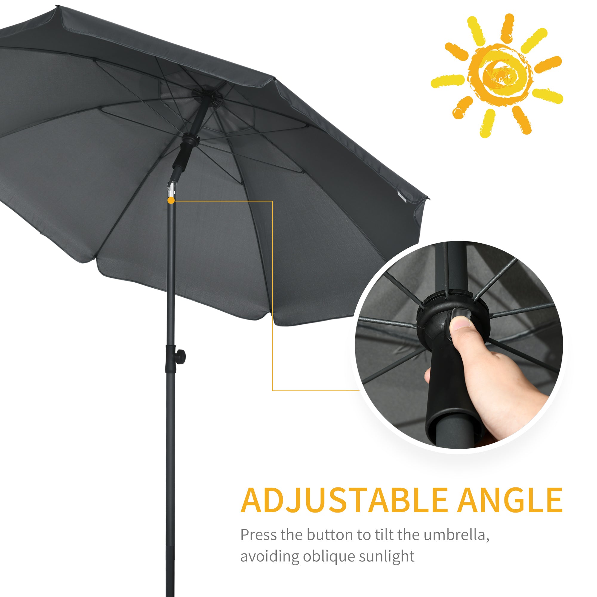 6ft Beach Umbrella, Outdoor Sun Shade Parasol with Push Button Tilt, Ruffled  UV50+ Vented Canopy, Dark Grey