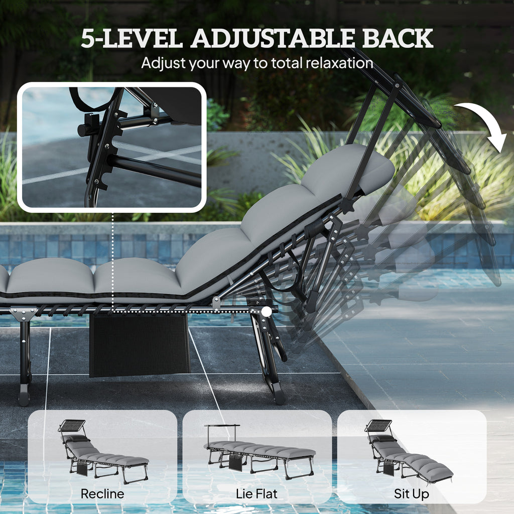 Outdoor Chaise Lounge Chairs, 2 PCS Folding Lounge Chairs with Adjustable 5-Position, Cushion, Canopy, Side Pocket