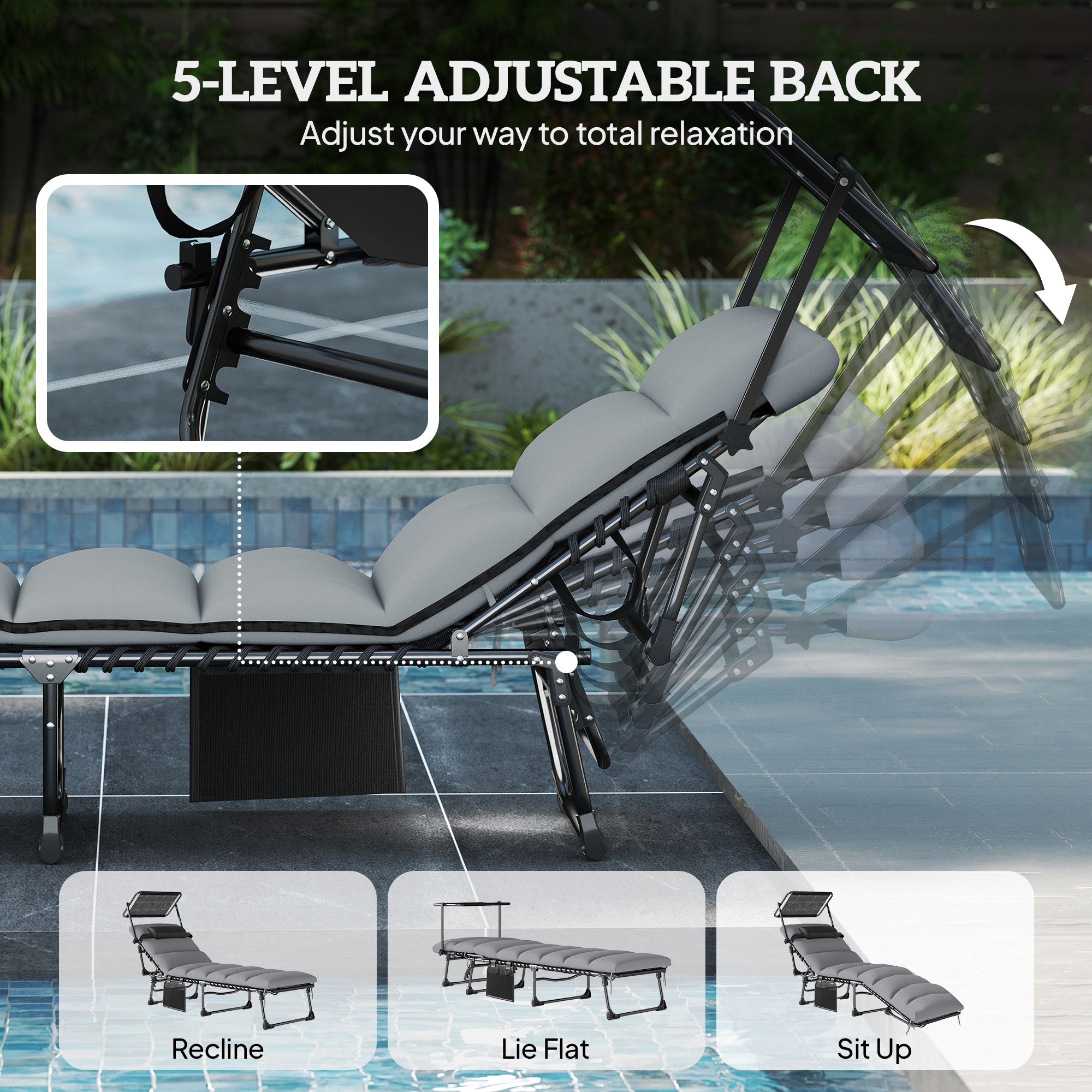 Outdoor Chaise Lounge Chairs, 2 PCS Folding Lounge Chairs with Adjustable 5-Position, Cushion, Canopy, Side Pocket