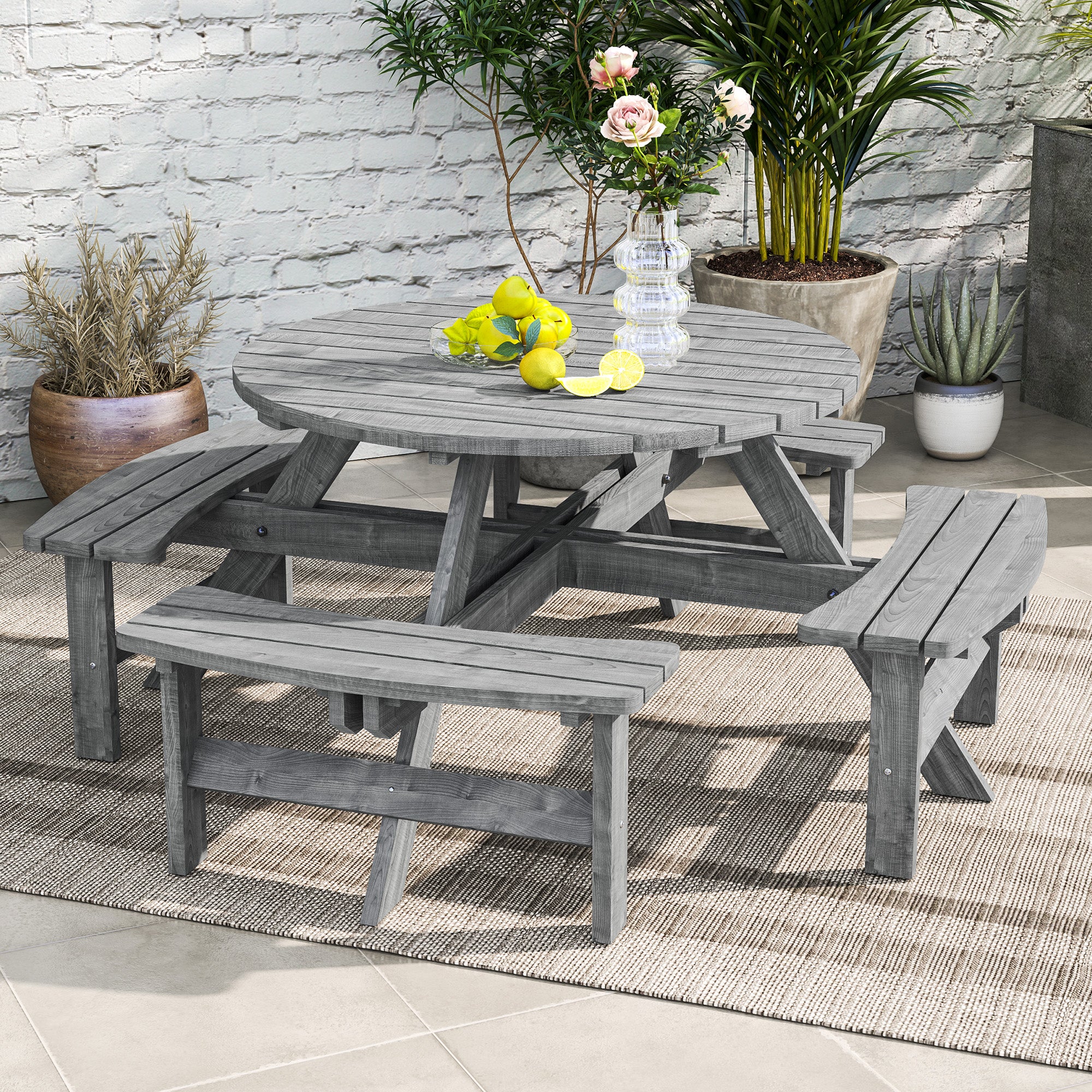 8 Seater Round Wooden Pub Bench & Picnic Table, Patio Dining Set for Outdoor Patio (Umbrella Not Included)