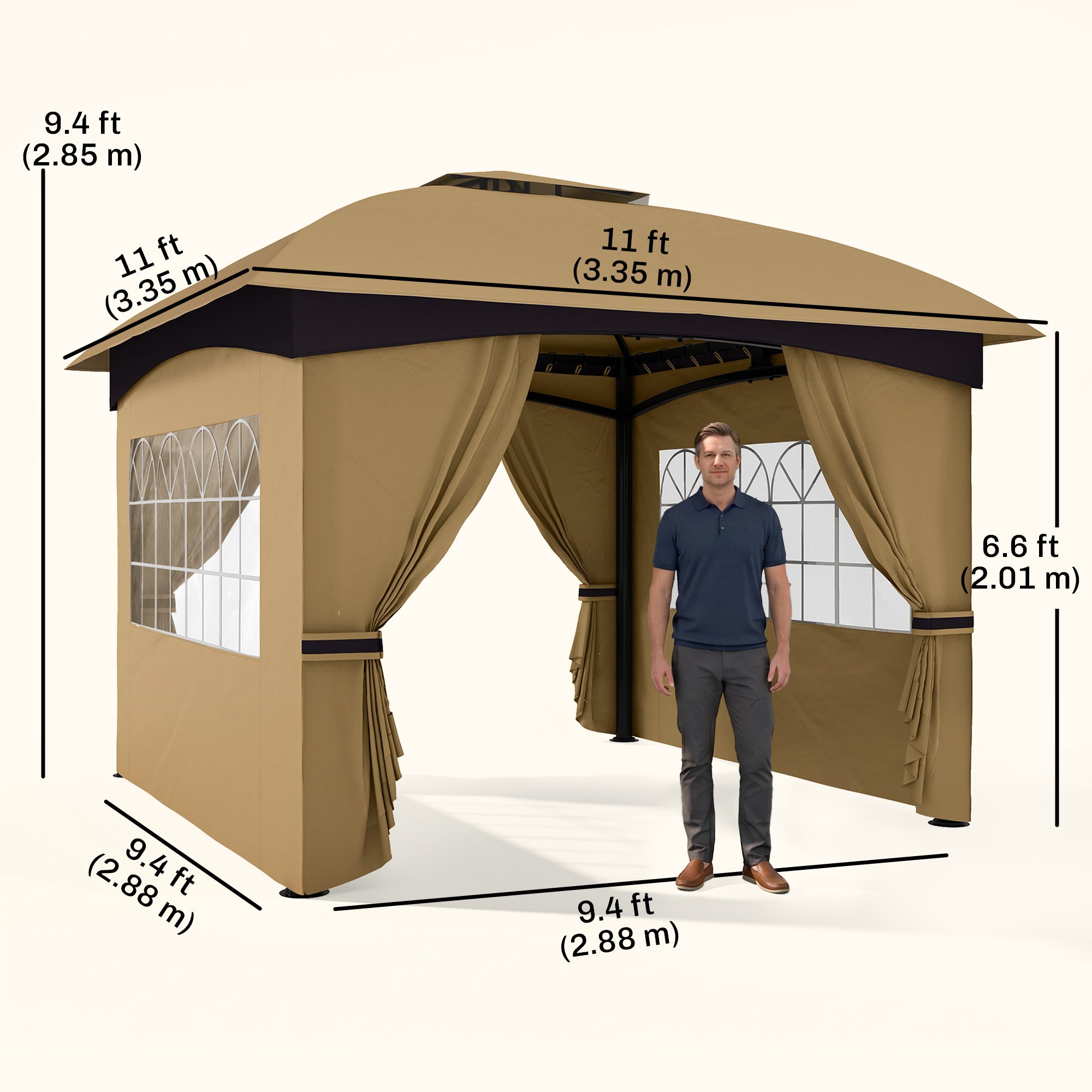 11' x 11' OutdoorÂ Gazebo,Â DoubleÂ Roof Patio Gazebo Canopy with Curtains, Church Windows, Galvanised Steel Frame, Beige