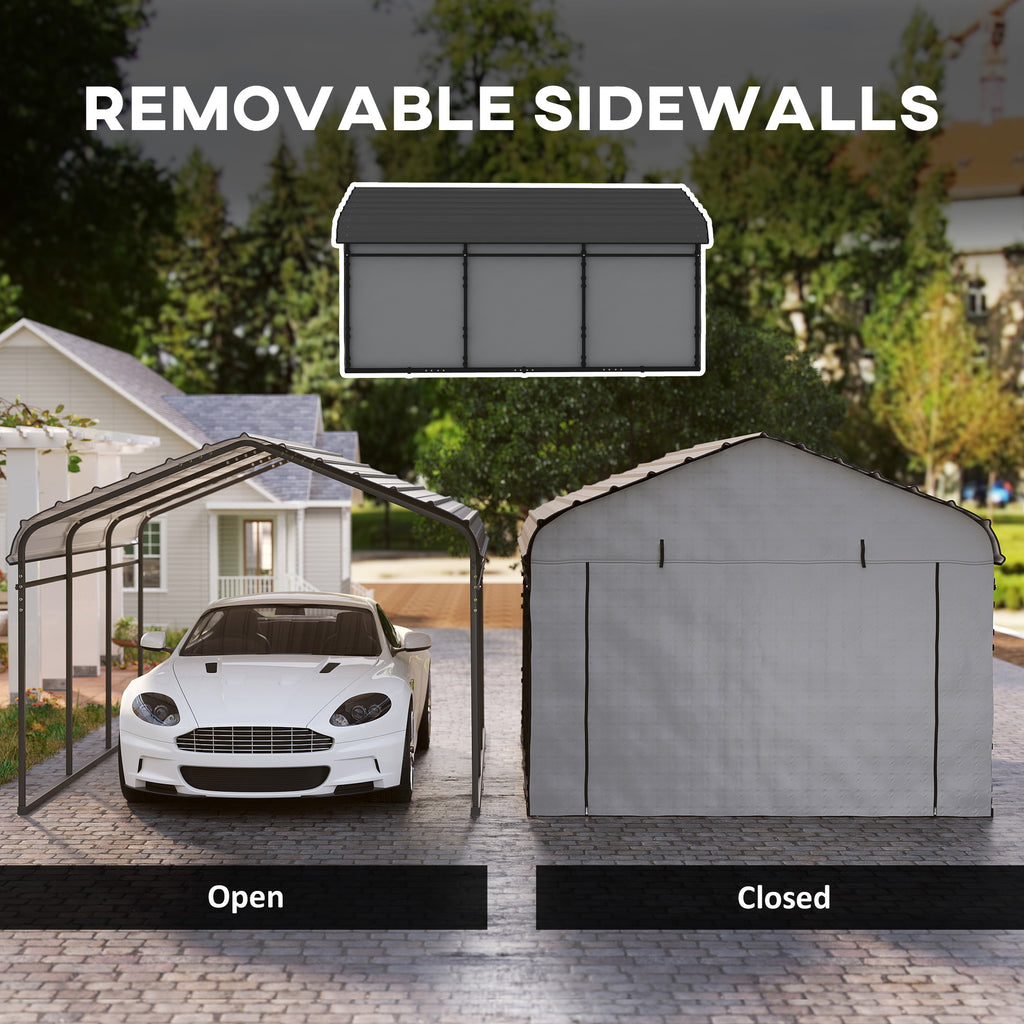 10' x 15' Metal Carport, Heavy Duty Garage Car Shelter with Galvanized Metal Roof and Removable Sidewalls, Light Grey