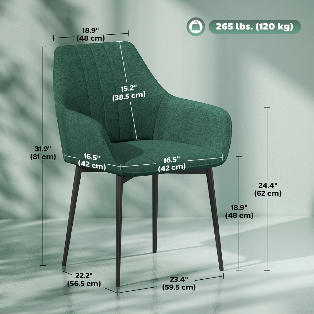 Dining Chairs Set of 2, Upholstered Linen Fabric Accent Chairs with Metal Legs, Dark Green