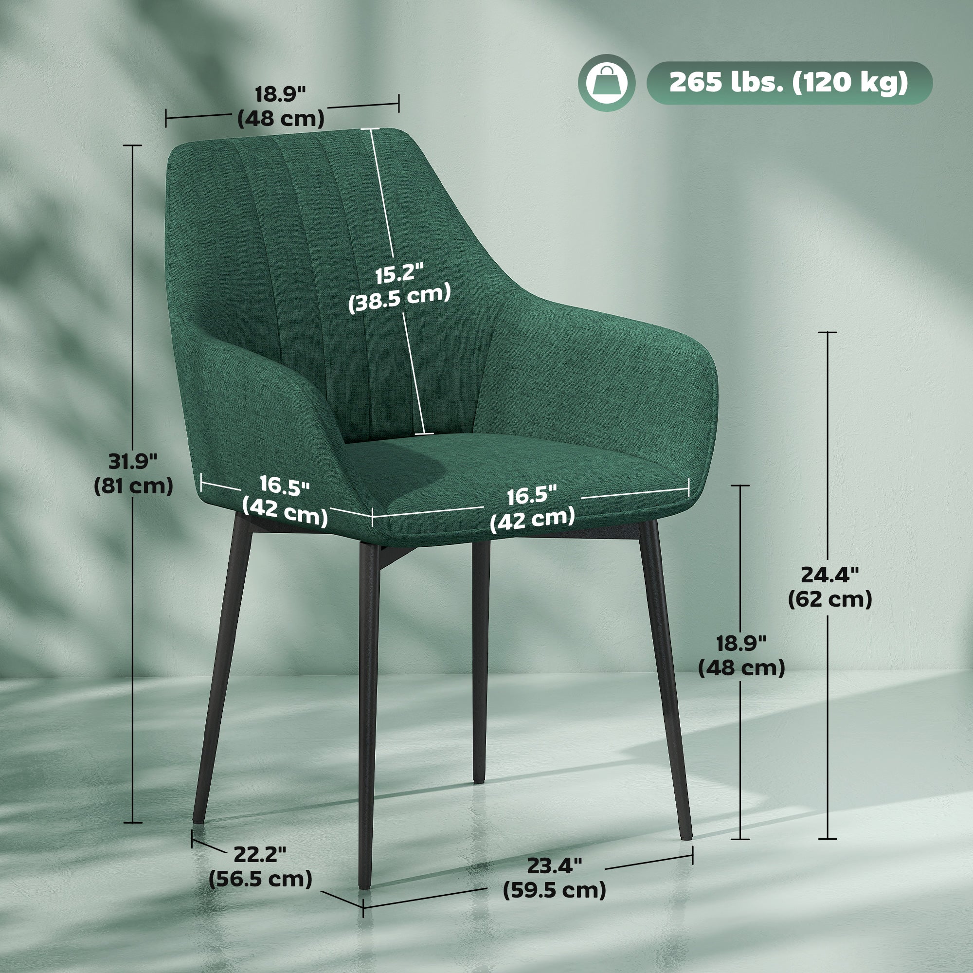 Dining Chairs Set of 2, Upholstered Linen Fabric Accent Chairs with Metal Legs, Dark Green
