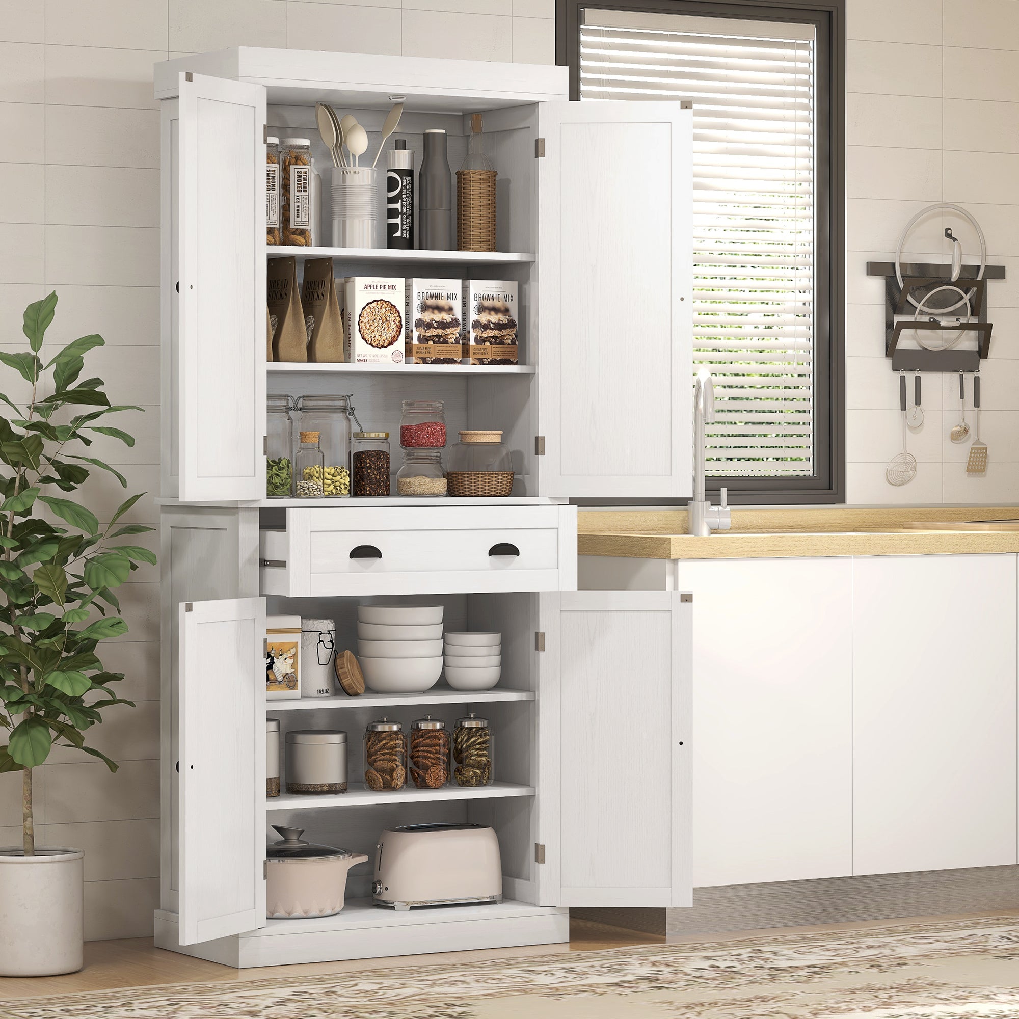 72" Tall Pantry Cabinet, Kitchen Storage Cabinet with 4 Doors, Drawer and 2 Adjustable Shelves, White