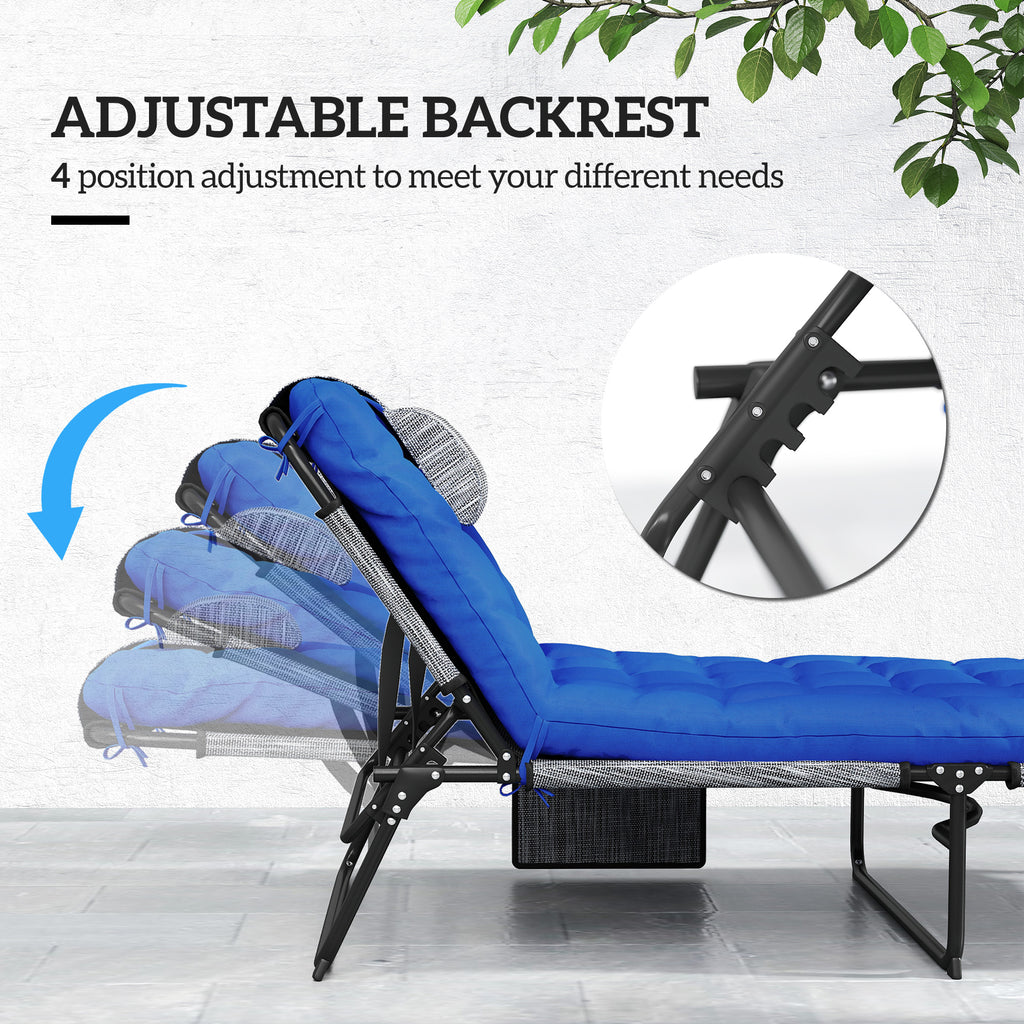 2 Pieces Folding Lounge Chairs with 4-level Reclining Back, Outdoor Tanning Chair with Cushion, Sun Lounger with Breathable Mesh Fabric, Side Pocket, Headrest, Blue