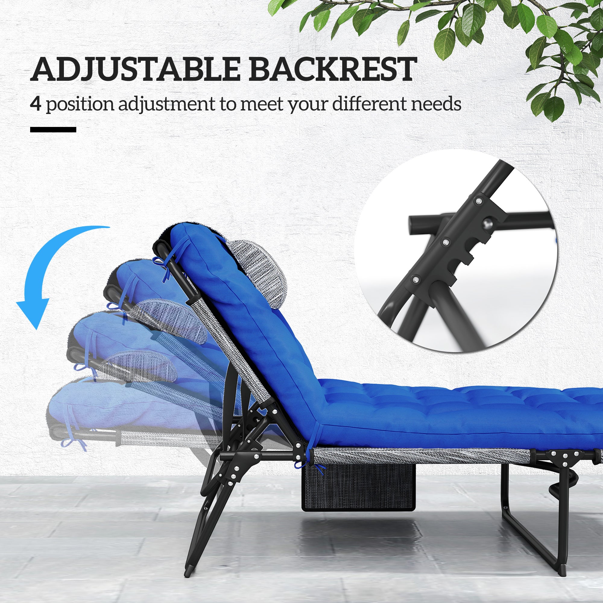 2 Pieces Folding Lounge Chairs with 4-level Reclining Back, Outdoor Tanning Chair with Cushion, Sun Lounger with Breathable Mesh Fabric, Side Pocket, Headrest, Blue