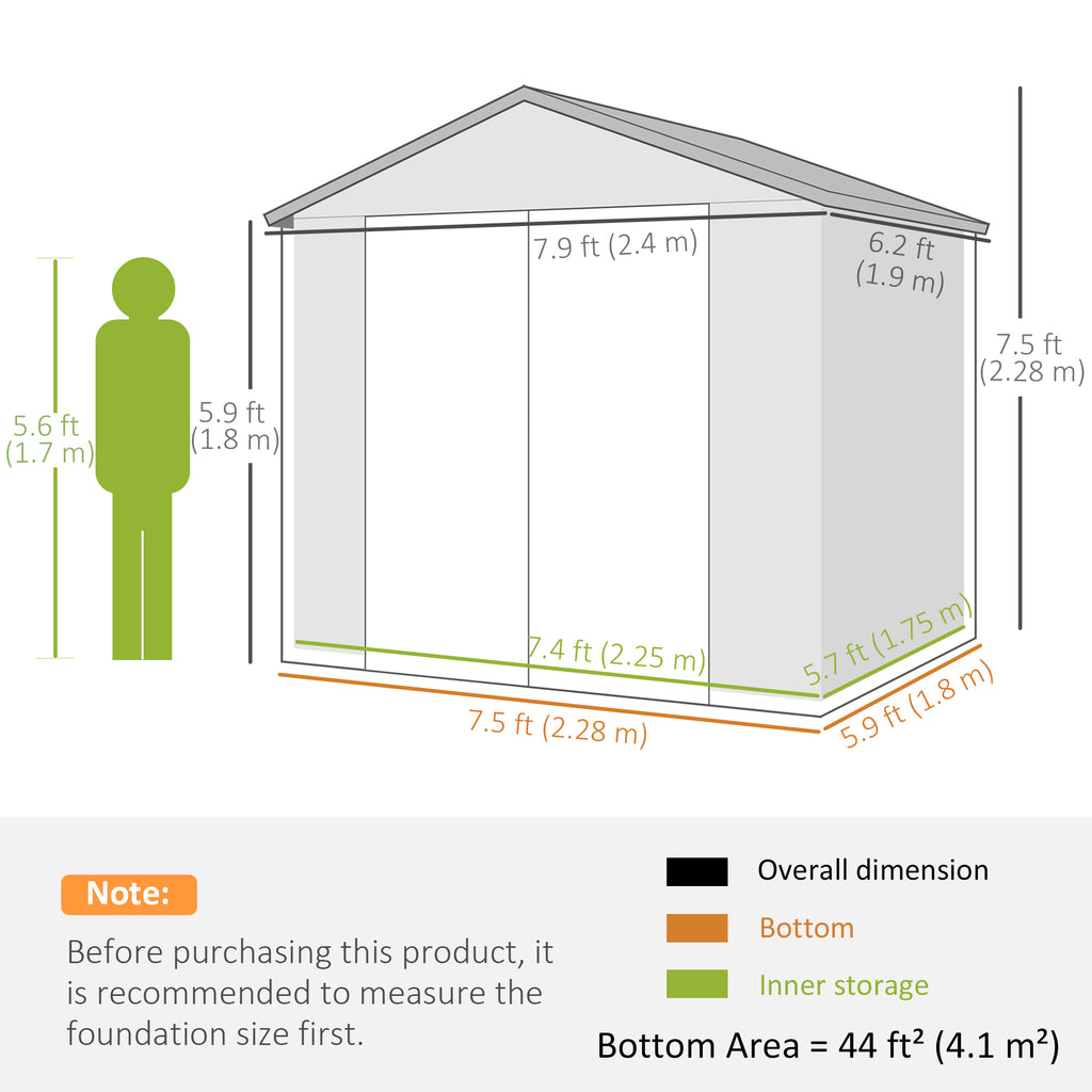 8' x 6' Plastic Garden Storage Shed with Latch Door, Vents, Sloped Roof, Light Grey