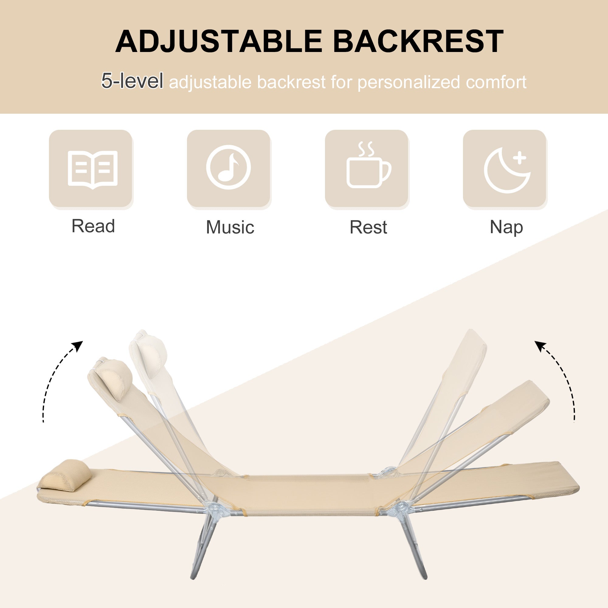 Folding Outdoor Lounge Chair Set of 2, Reclining Tanning Chair with 5-Position Adjustable Backrest, Brown