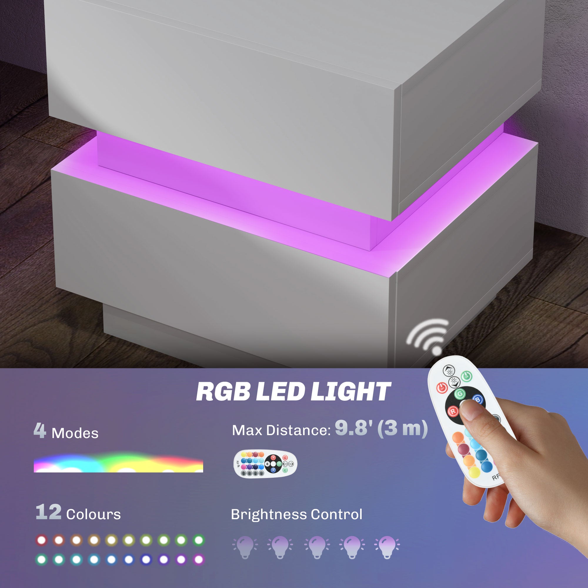 Bedside Table with Charging Station and LED Light Modern Nightstand with USB Ports AC Outlets Drawers Remote, White