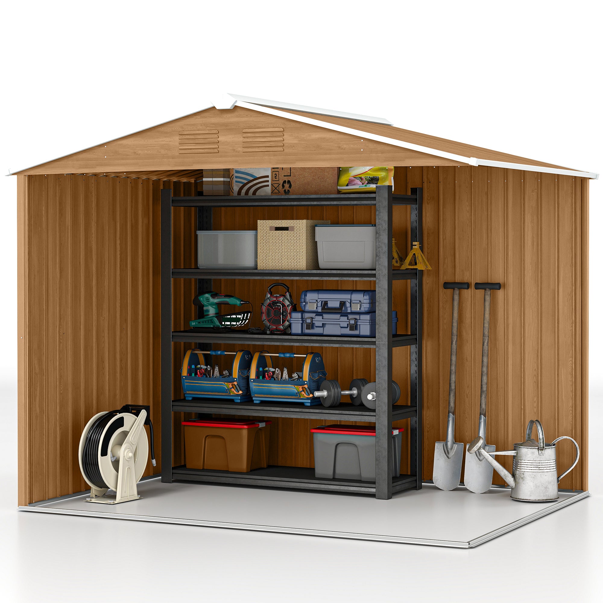 8' x 6' Outdoor Storage Shed, Metal Garden Tool Storage House with Lockable Sliding Doors and Vents for Backyard Patio Lawn, Dark Brown