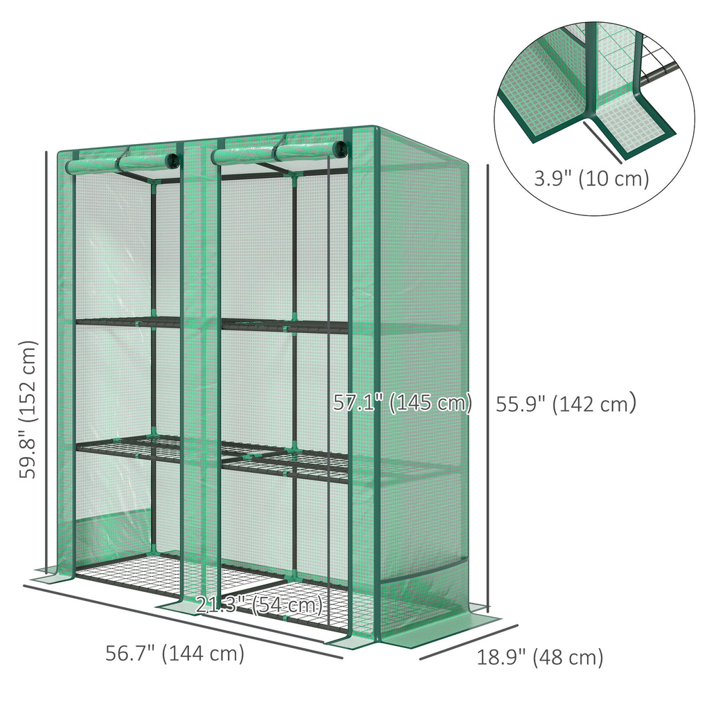 Lean-to Greenhouse with 3 Tier Shelves, Mini Greenhouse with 2 Roll-Up Doors for Indoor Outdoor, Green