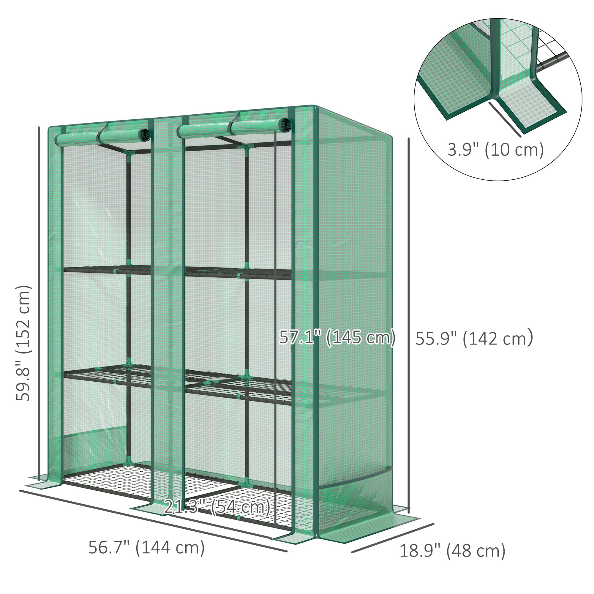Lean-to Greenhouse with 3 Tier Shelves, Mini Greenhouse with 2 Roll-Up Doors for Indoor Outdoor, Green