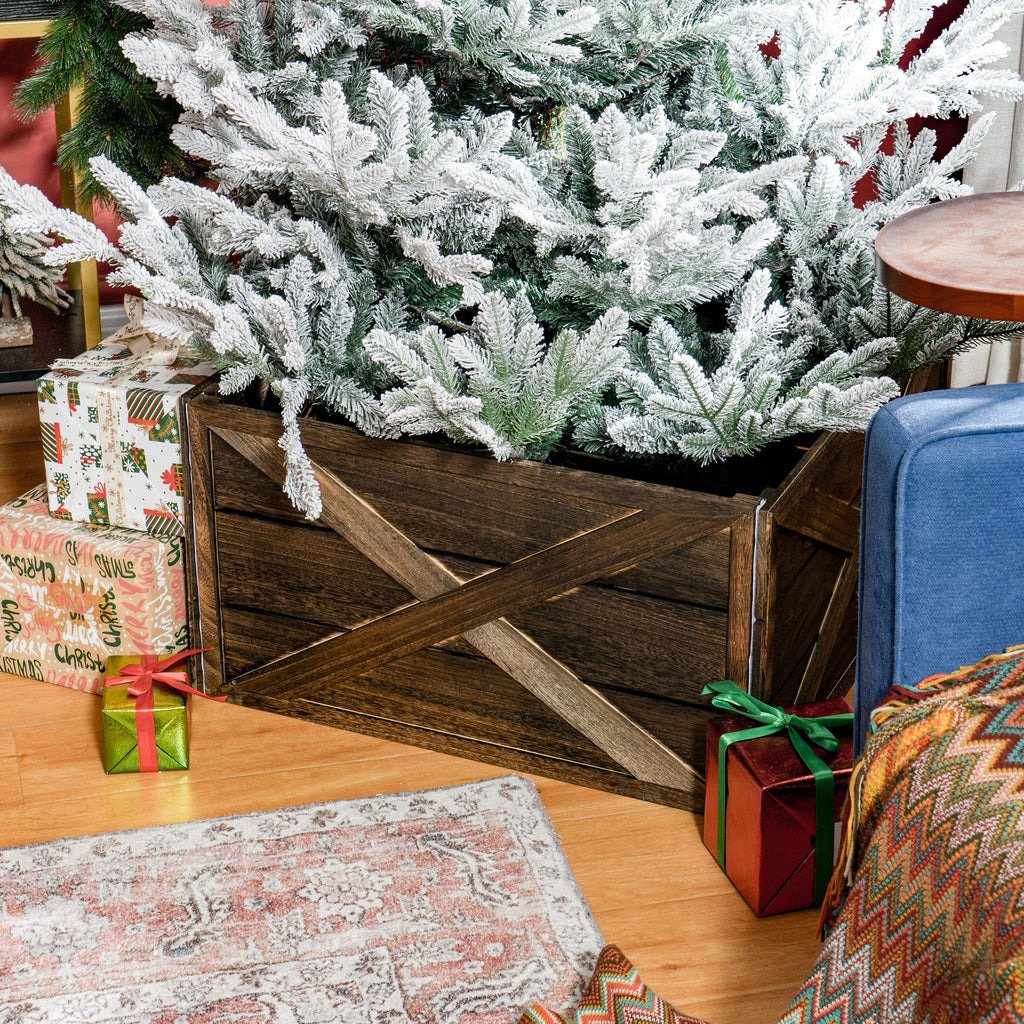 28" Farmhouse Christmas Tree Base Cover Wooden Christmas Tree Collar Box Home Decoration Dark Distressed Wood Finish