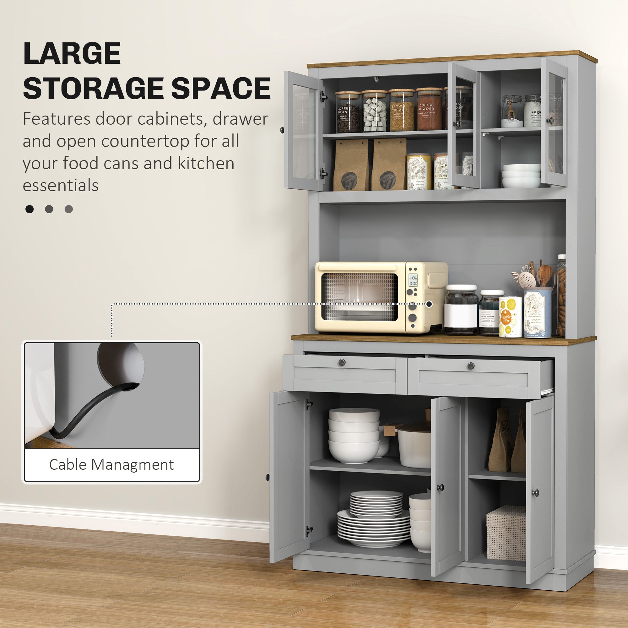 71" Pantry Cabinet with Microwave Space, Buffet with Hutch, 2 Drawers, Adjustable Shelves and Glass Doors, Grey