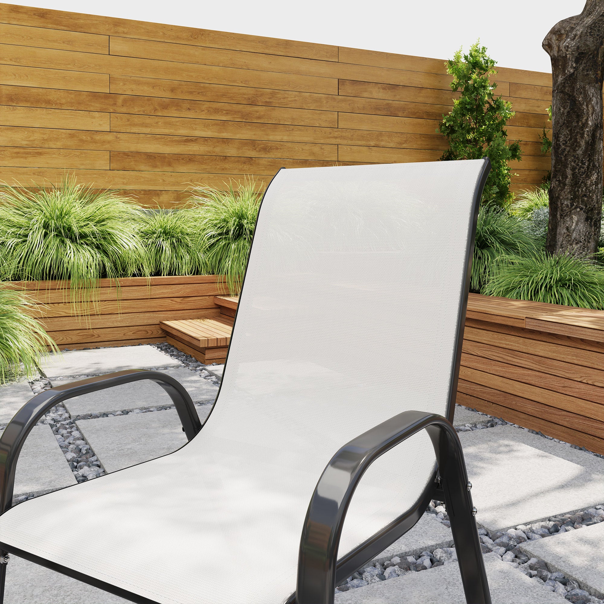 Set of 2 Outdoor Dining Chairs, Stackable Lawn Chairs with High Back, Breathable Mesh Seat for Garden Porch, Light Grey