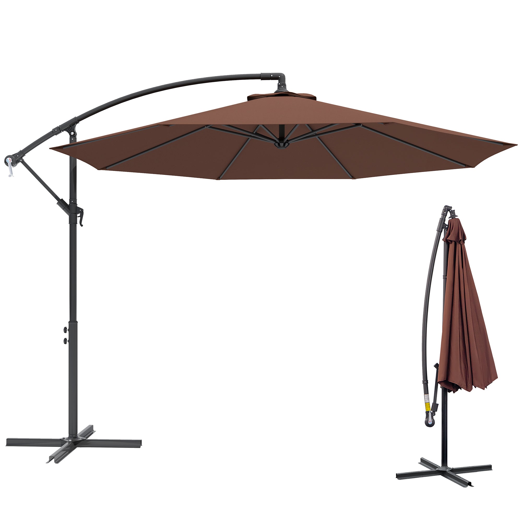 10' Deluxe Patio Umbrella, Outdoor Market Parasol, Banana Hanging Offset Sunshade with Crank, Cross Base, Coffee