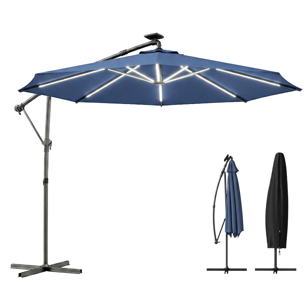 10 ft Offset Patio Umbrella with Solar Light, Garden Hanging Parasol with 360Â° Rotation, Tilt, Cover, Navy Blue