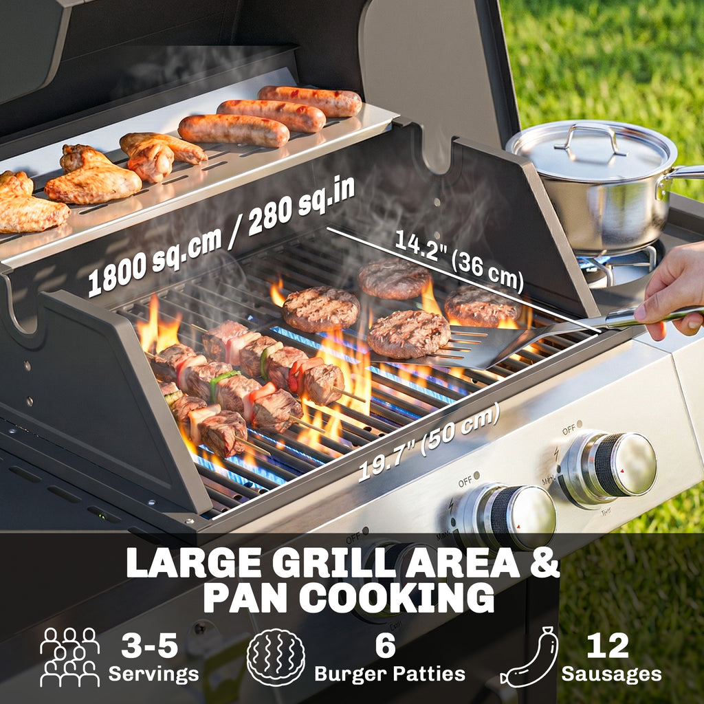 3 Burner Propane Gas Grill with Side Burner, 36,000 BTU BBQ Grill with Cast Iron Grates, Wheels, Warming Rack, Cabinet