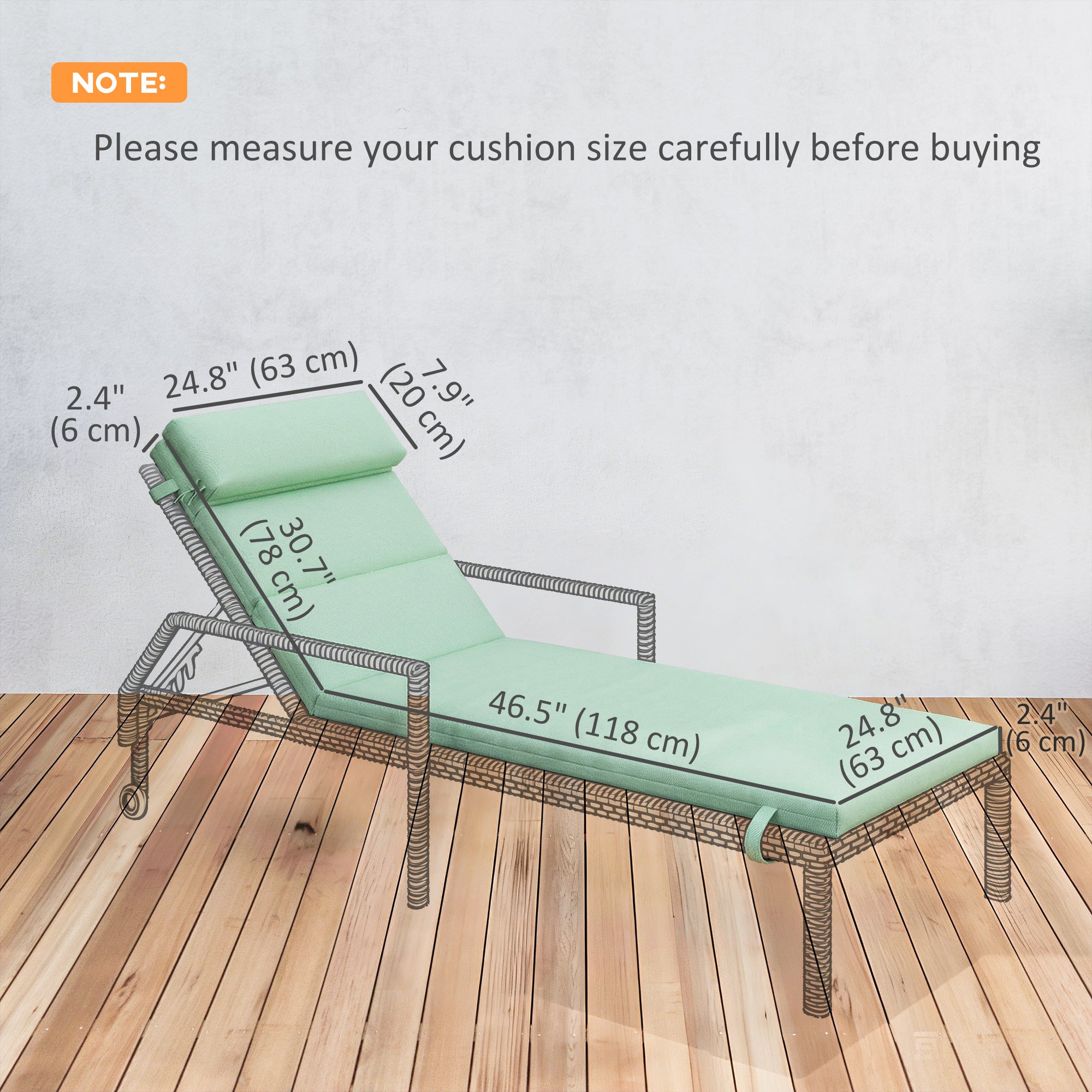 Patio Chaise Lounge Chair Cushion Replacement Sun Lounger Pad with Headrest and Ties, Green
