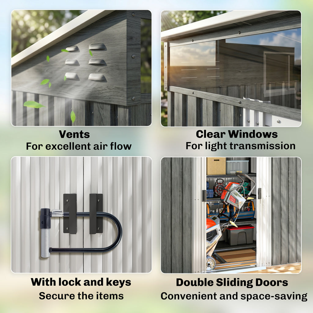 6.5x4FT Galvanised Metal Shed with Foundation Kit, Lockable Garden Tool Storage House with Sliding Doors, Vents, Grey