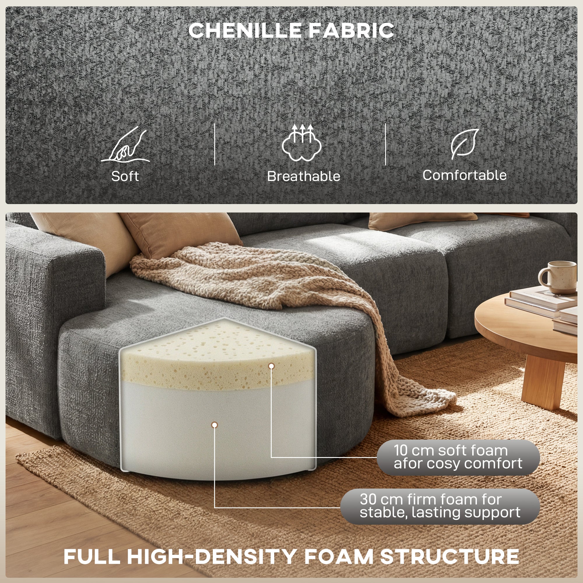 L Shaped Cloud Boneless Couch, Modular Sectional Sofa with Chaise and Deep Seat for Living Room, Bedroom, Dark Grey