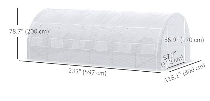 20'x10'x6.6' Tunnel Greenhouse with UV-Resistant Cover, Zippered Door and 12 Roll-up Windows, Outdoor Green House for Garden Plant, White