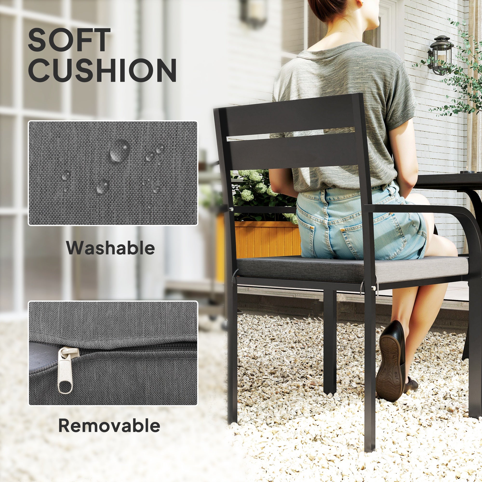 2 Piece Outdoor Dining Chairs with Aluminum Frame, Soft Cushion, for Deck, Garden, Balcony, Poolside, Grey