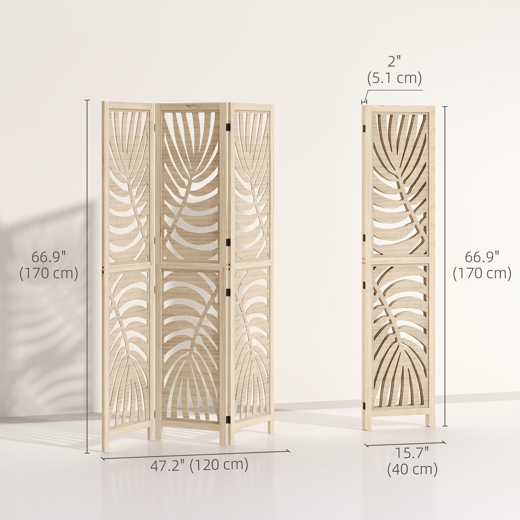 3 Panel Room Divider, Detachable Folding Privacy Screens with Palm Leaf Design for Home Office, Natural Wood Finish