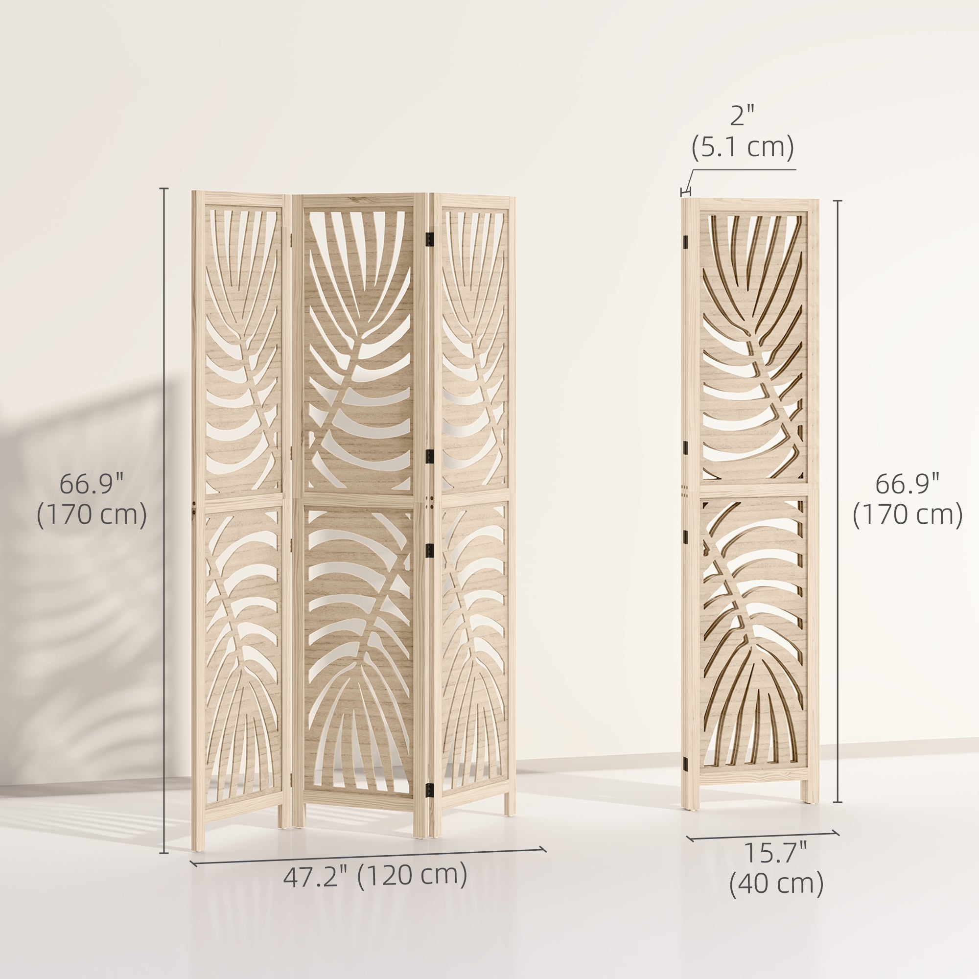 3 Panel Room Divider, Detachable Folding Privacy Screens with Palm Leaf Design for Home Office, Natural Wood Finish