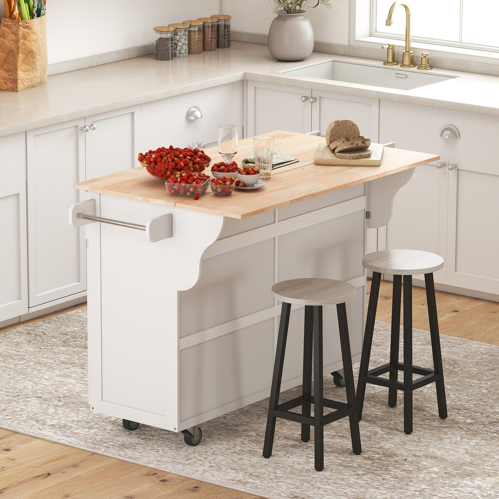 Kitchen Island with Storage, Rolling Kitchen Island with Drop Leaf, Rubber Wood Top and Adjustable Shelves, White