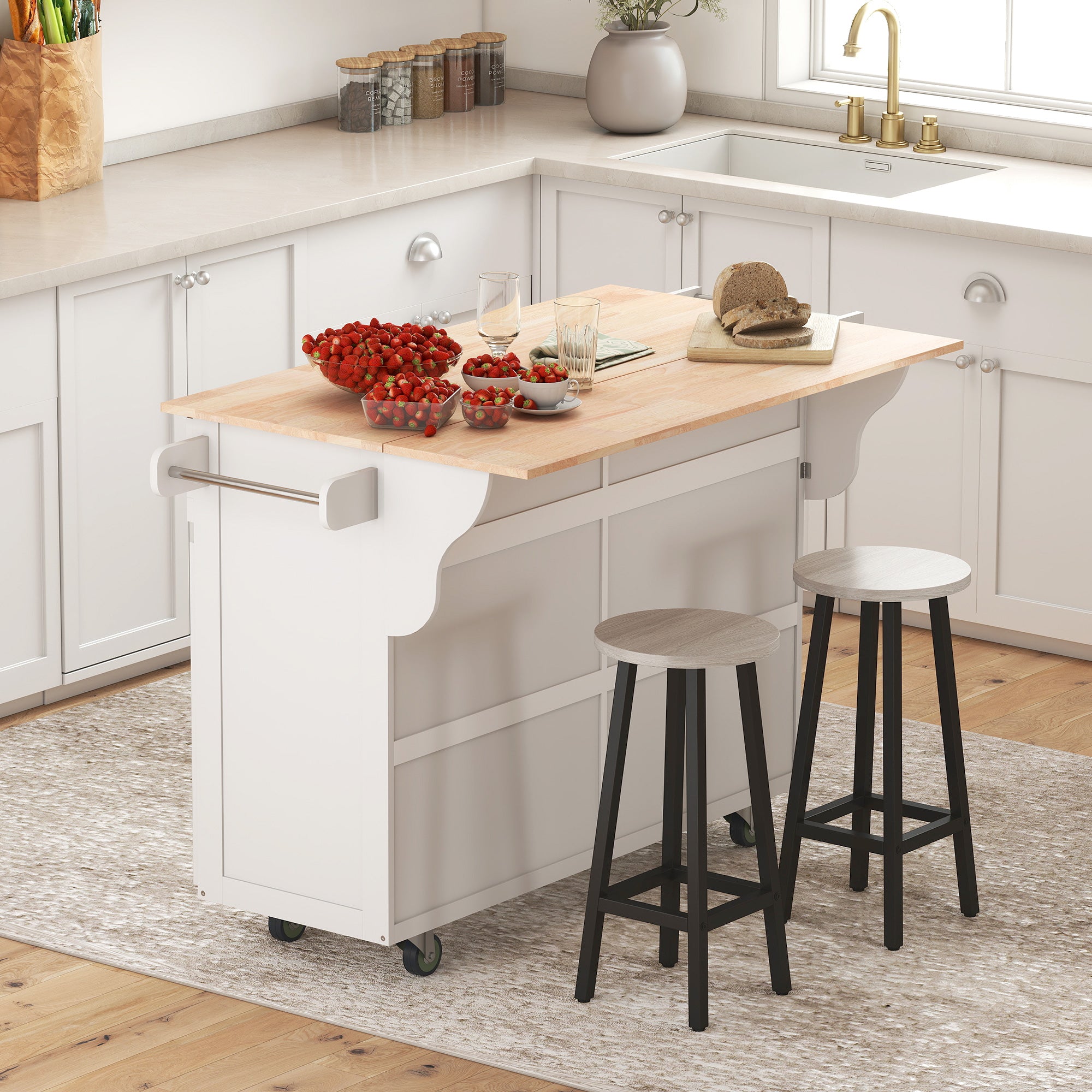 Kitchen Island with Storage, Rolling Kitchen Island with Drop Leaf, Rubber Wood Top and Adjustable Shelves, White