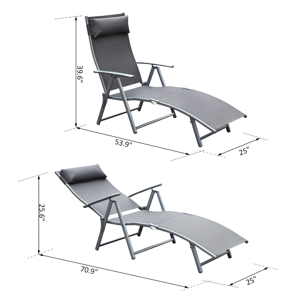Heavy-duty Adjustable Folding Reclining Chair Outdoor Sun Lounger Patio Chaise Lounge Garden Beach Gravity Lounge with Pillow, 7 Adjustable Backrest Positions, Grey