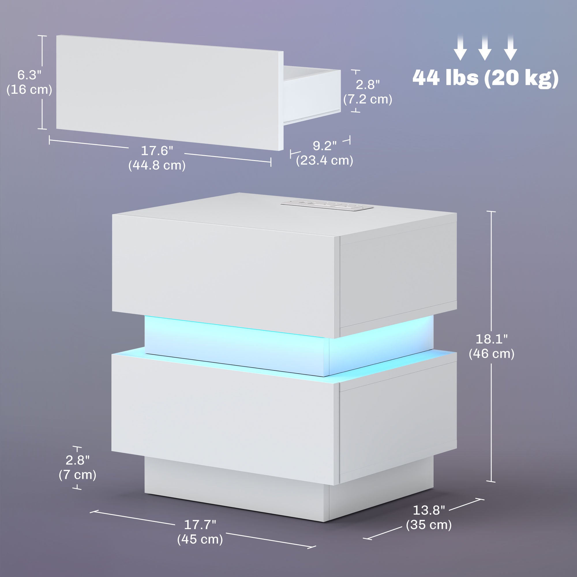 Bedside Table with Charging Station and LED Light Modern Nightstand with USB Ports AC Outlets Drawers Remote, White
