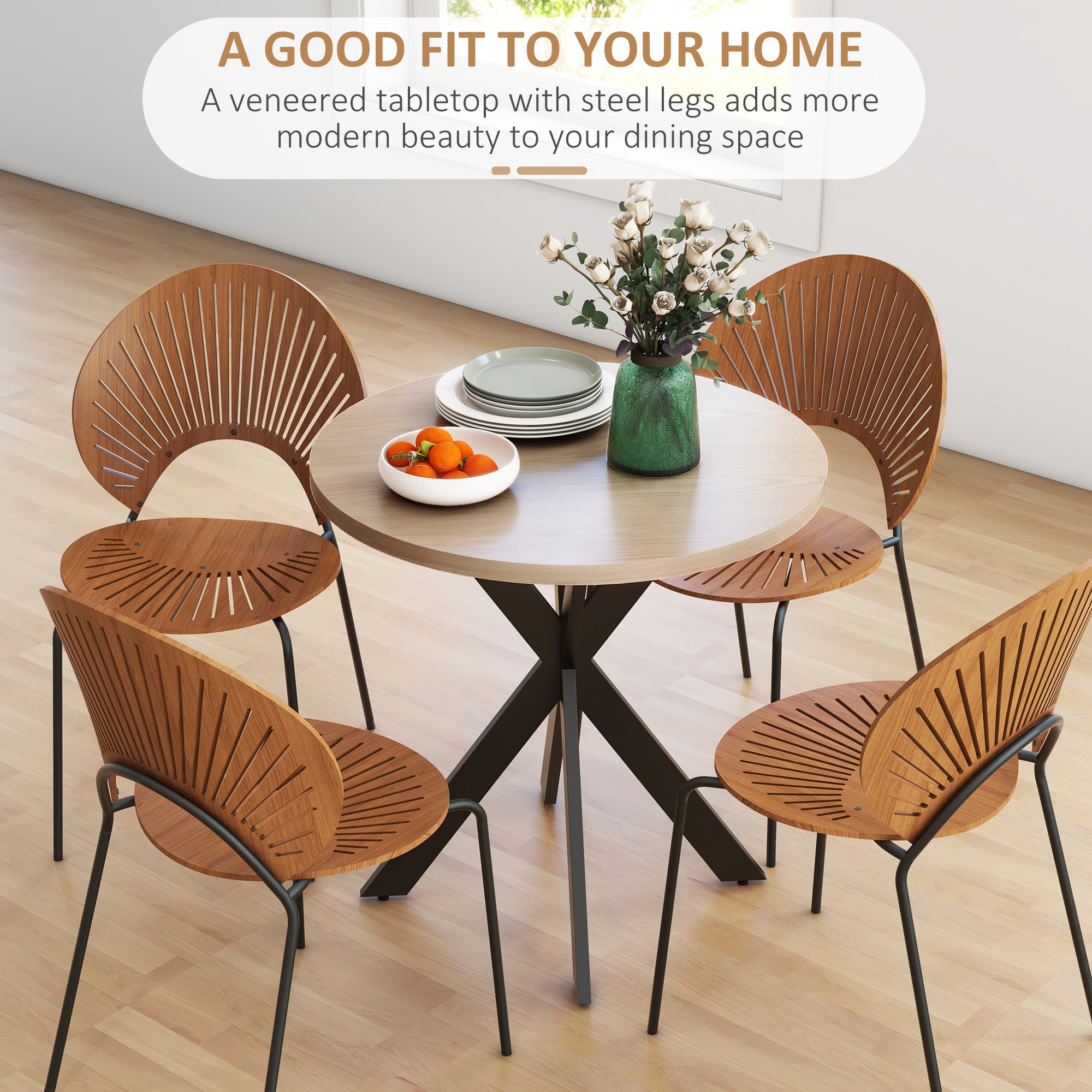 29" Dining Table, Contemporary Round Kitchen Table with Steel Legs, Brown