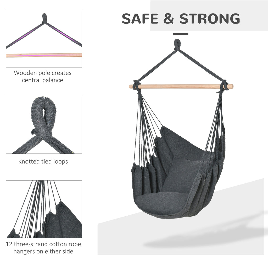 Hammock Chair Swing Hanging Macrame Chair Cotton w/ Two Soft Seat Cushions, for Bedroom Indoor Outdoor Ideal Gift for Kids Lover Birthday Present, Dark Grey
