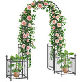 7.2FT Metal Garden Arch with Gate, 2 Side Planter Baskets, Garden Arbor Archway Trellis for Roses and Climbing Plants, Black