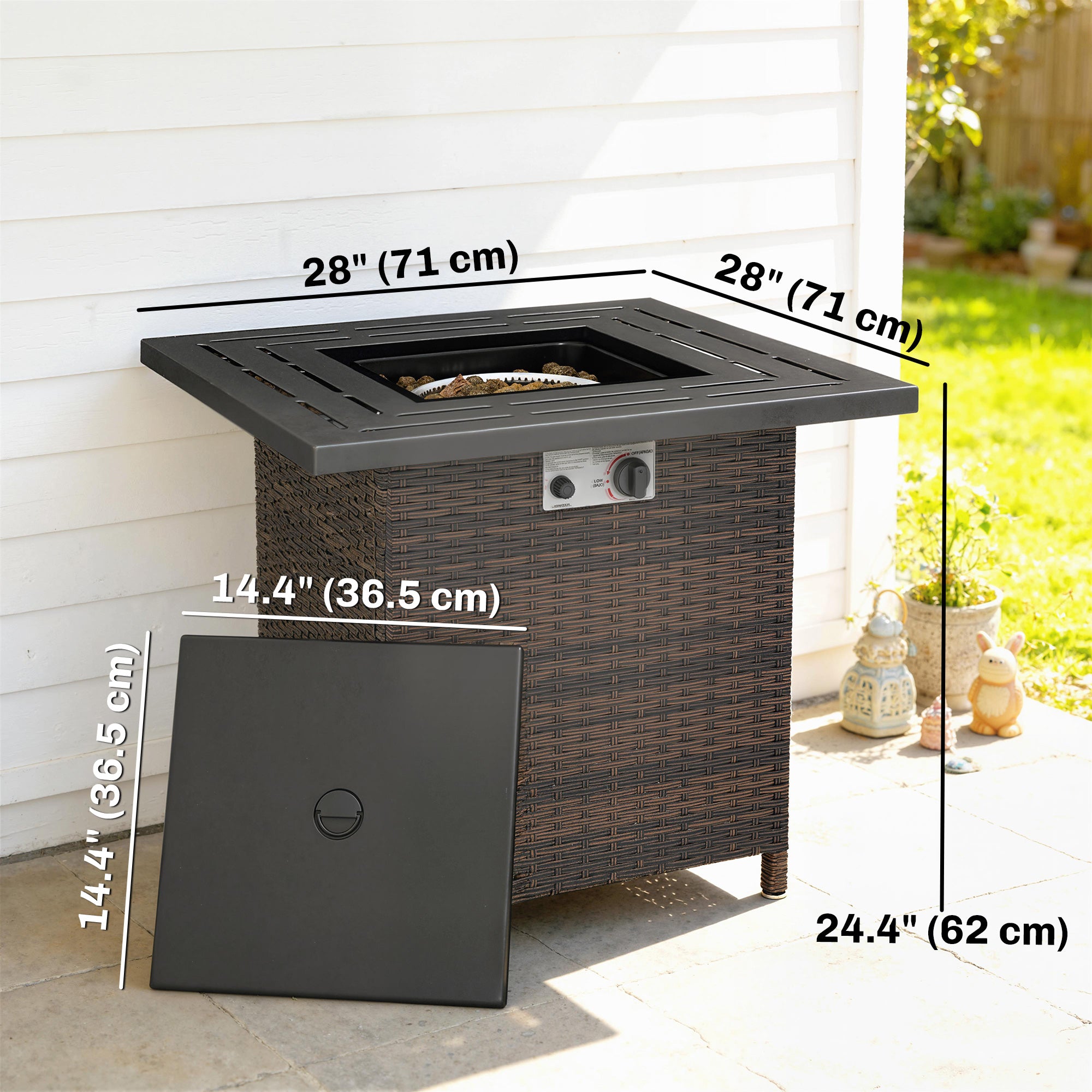 Propane Fire Pit Table, 28 Inch 40,000 BTU Square Rattan Fire Table with Lava Rock, Pulse-Ignition Wicker Gas Fire Pit